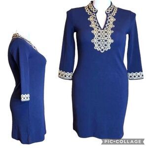 Charter Club Womens Ottoman Sheath Dress Pullover Knit Blue Gold Petite Large